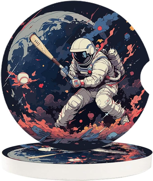 Car Coasters for Cup Holders 2.6" Dia Absorbent Coasters Set of 2 Car Interior Accessories for Women Men Ceramic Car Coaster for Drinks with Finger Grooves,Watercolor Astronaut Baseball Theme Black