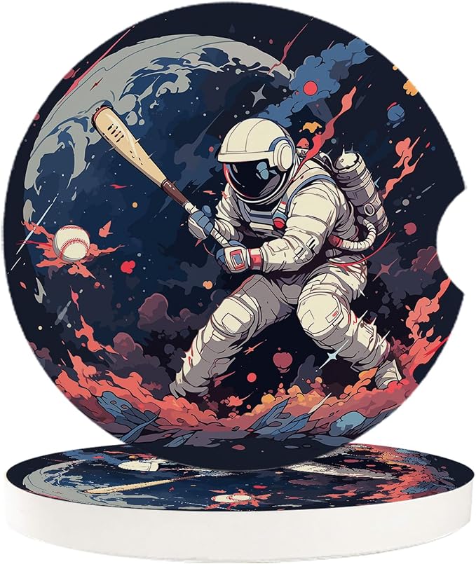 Car Coasters for Cup Holders 2.6" Dia Absorbent Coasters Set of 6 Car Interior Accessories for Women Men Ceramic Car Coaster for Drinks with Finger Grooves,Watercolor Astronaut Baseball Theme Black