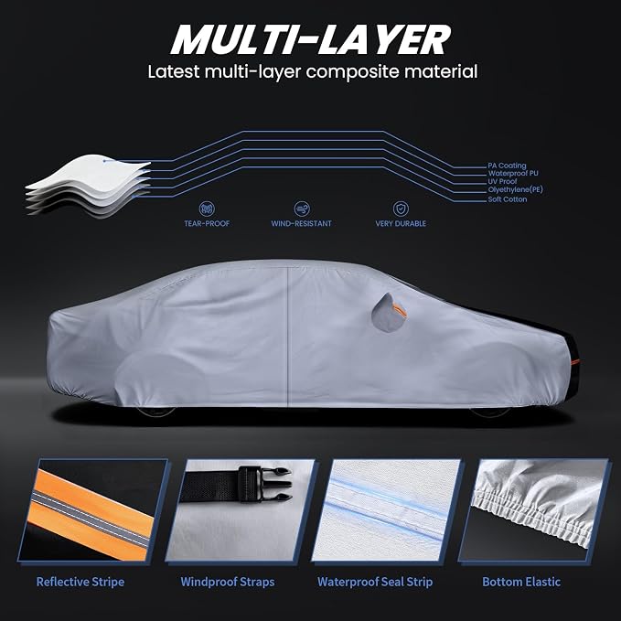 Sedan Car Cover 100% Waterproof All Weather, 10 Layers Outdoor Car Covers for Automobiles - Custom Fit Honda Civic, Hyundai Avante, Nissan Sentra, Kia forte, etc. Sun & Rain Protector. A1 (Size Chart)