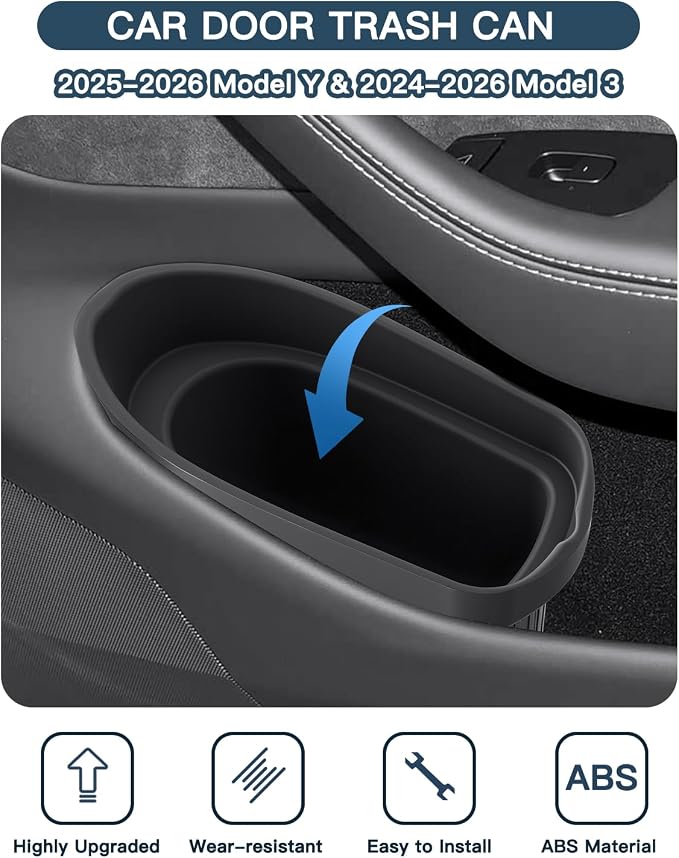 Ruiya Door Trash Can for Tesla Model Y 2025-2026/Model 3 2024-2026,Waterproof Silicone Auto Garbage Can Portable Door Built-in Trash Bin, Interior Accessories for Model Y/3
