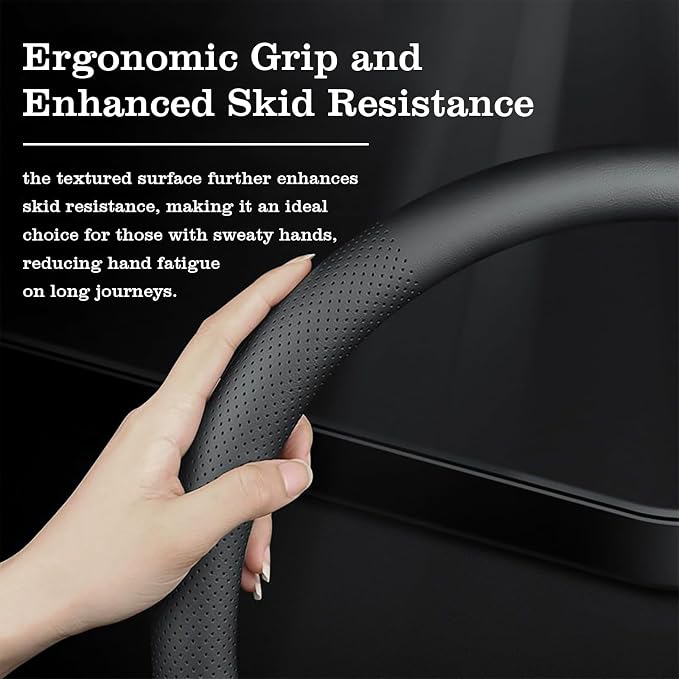 Car Leather Steering Wheel Cover - Panapi Material, Universal 14.5-15 Inch Leather Anti-Slip Breathable Auto Steering Wheel Covers for Men Women (Nappa Leather - Tricolor Stripes)