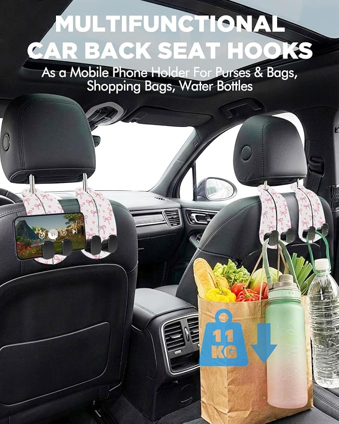 WOCOCN Purse Holder for Car, 2 Pack Heavy Duty Purse Hanger for Car, PU Leather Car Seat Hooks for Purses and Bags, Cute Pink Bow Headrest Organizer for Handbags & Backpacks
