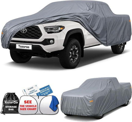 Truck Cover Waterproof All-Weather,Outdoor Full Exterior Pickup Covers(Length 211-220 inch) with Windshield Sun Shade Universal Fit Tacoma, Tundra, F-150, RAM 1500 etc,Size T2 (See SizeChart)