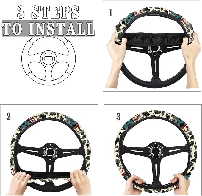 Wanyint Aztec Cow Print Beige Auto Steering Wheel Cover Universal 15 Inch Diameter Anti-Slip Neoprene Car Steering Wheel Protector for Women Men
