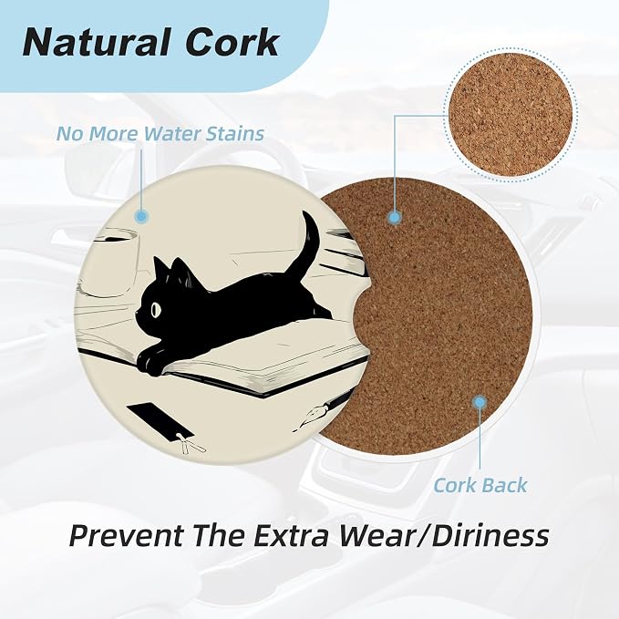 Kawaii Anime Black Cat Car Coasters for Cup Holders,2 Pack Car Cup Holder Coasters for Car,Ceramic Absorbent Car Coaster with A Finger Notch and Cork Base,Car Interior Accessories for Women Men