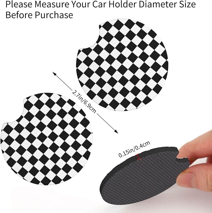 Racing Flag Steering Wheel Cover - Black and White Checkered Steering Wheel Cover Anti-Slip Breathable for 15 in Universal 2 Pcs Car Interior Cup Holder Pad for Men Women
