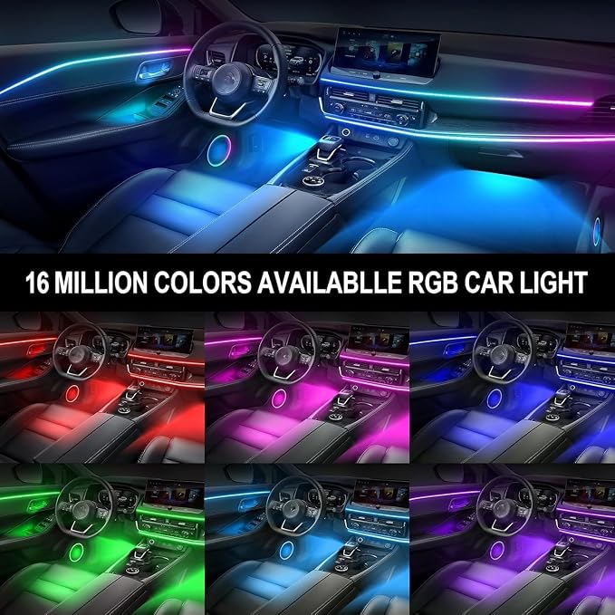 Acrylic Interior Car LED Strip Light with APP Remote Control,57in 2 in 1 USB RGB Dreamcolor Neon Flexible Strip Fiber Optic LED Ambient Lighting Kits,RGB Music Lights Sync for Inside car Decorations
