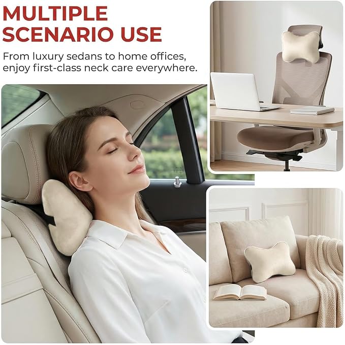 2PCS Car Neck Pillow, Soft Comfortable Vehicle Seat Neck Support Pillow Cushion for Relief Driving Fatigue, Breathable Auto Interior Headrest Neck Rest Pad, Universal for Vehicles (Beige)