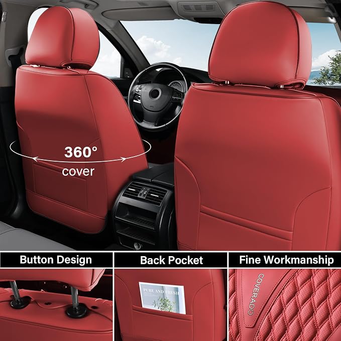 Coverado Front Seat Covers, Luxury Nappa Leather Seat Covers, Car Seat Covers Waterproof, 2 Pack Universal Seat Covers for Cars, Car Seat Protector, Driver Seat Cover Fit for Most Cars, Red