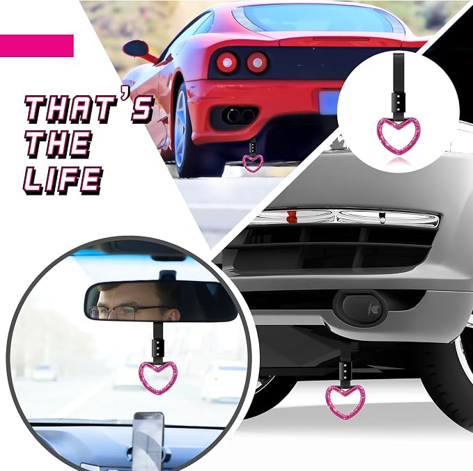 Fabbay Bling Car Accessories Bling Heart Handle Ring Car Accessory for Women Hearts Hand Strap Drift Charm Rear Bumper Warning Ring Decor for Auto Interior Exterior Decoration(Hot Pink,Heart Style)
