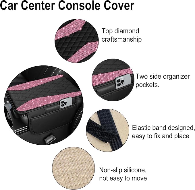 NBTEPEM Bling Pink Car Center Console Cover, Leather Middle Console Cover with 2 Storage Bags, Universal Arm Rest Cover Protector, Bling Car Accessories Interior Fit for Most Vehicles, Pink Diamond
