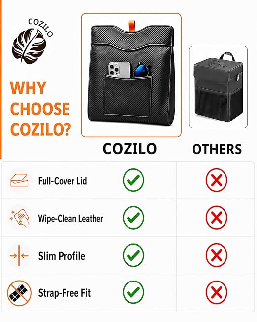COZILO Leather Car Trash Can, Leak-Proof Odor-Lock Car Garbage Can with 60 Liners, Magnetic Closure & Liner-Hold, Storage Pocket, Metal Hooks, Hanging Car Trash Bin for SUV Sedan Truck, Carbon Fiber