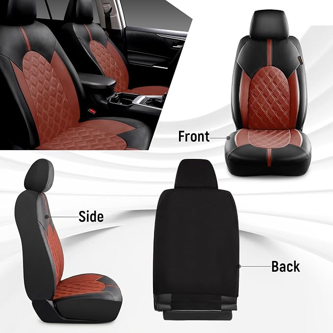 CAROMOP Luxury PU Leather Car Seat Covers Front Set, Anti-Stain Waterproof Automotive Seat Covers for Cars, Universal Car Interior Covers Seat Protectors for SUVs Pick-up Trucks(Burgundy Red)