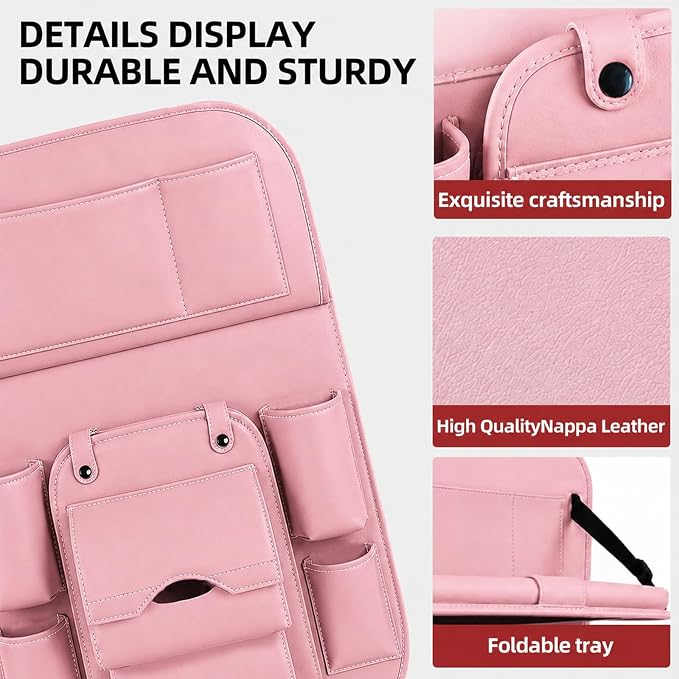 2 Pack Car Backseat Organizer with Foldable Table Tray, PU Leather Seat Back Organizer with Trash Bin, Tablet Holder, Kick Mat Protector, Back Seat Storage for Cars, Pink