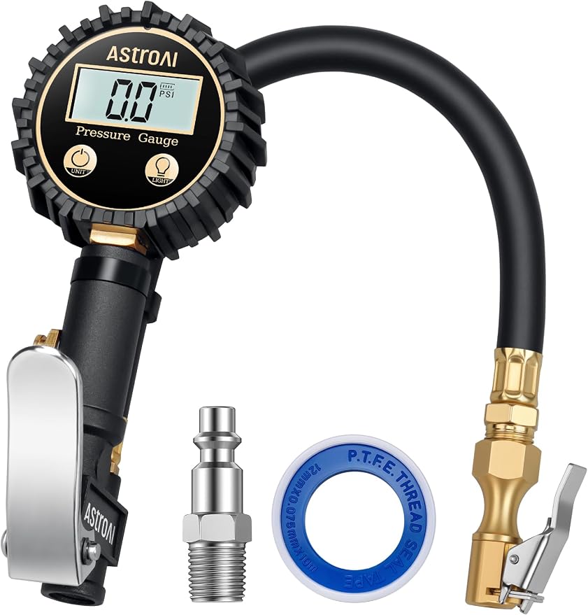 AstroAI Digital Tire Pressure Gauge with Inflator(3-250 PSI 0.1 for Display Resolution), Heavy Duty Air Chuck and Compressor Accessories with Rubber Hose and Quick Connect Coupler, White