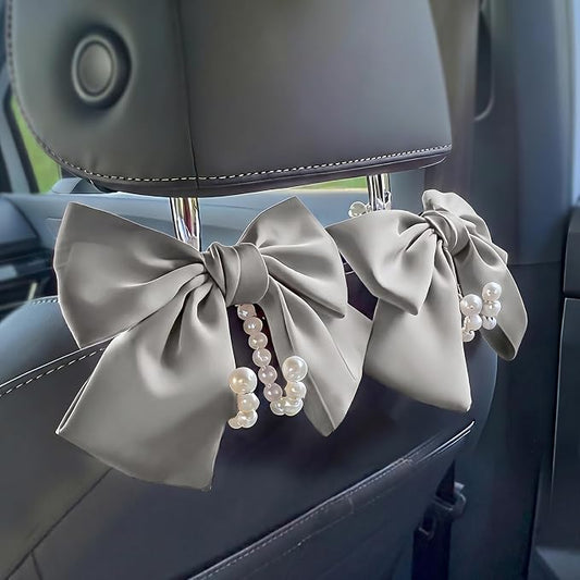 2 PCS Bow Pearl Car Seat Headrest Hook – Cute Purse Hook for Car, Girly Interior Decoration Accessories Hook Hanger, Seatback Holder for Purses & Bags, Elegant Car Organizer (Moonlight Grey)