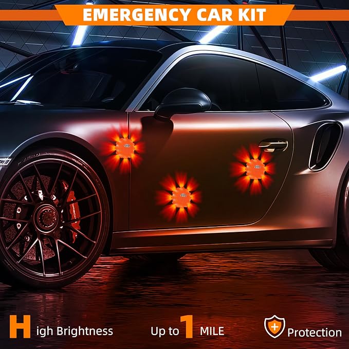 6 Pack USB Rechargeable LED Road Flares Emergency Lights, Roadside Warning Car Safety Beacon Flashing Disc Flare Kit with Magnetic Base for Vehicles & Boat&Truck