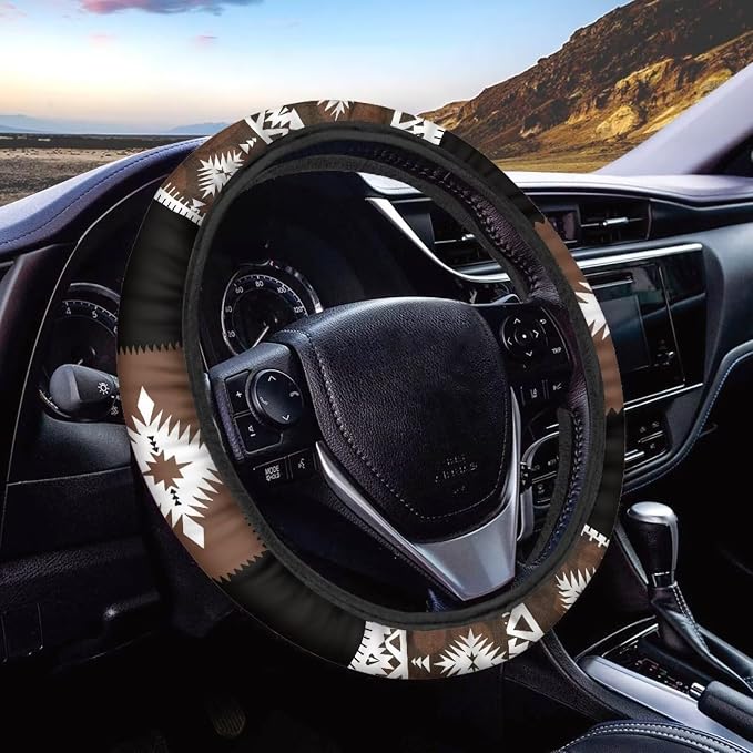 Wanyint Southwest Aztec Brown Black Car Steering Wheel Cover 15 Inch Universal Breathable Soft Anti-Slip Sweat Absorbent Car Accessory Fit for Most Vehicles