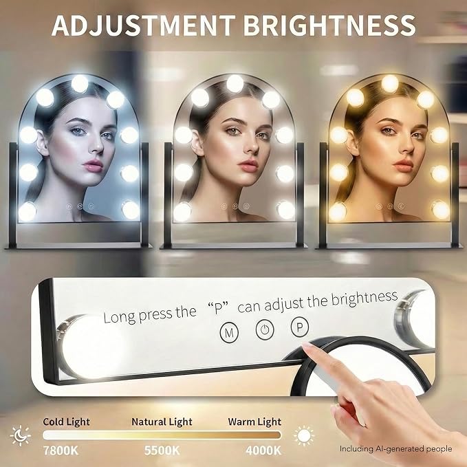 Arched Makeup Vanity Mirror with LED Lights Makeup Mirror Detachable 10X Magnification, Hollywood Make Up Mirror with Lighting, Smart Touch, Rechargeable,360° Rotation,Black 14.17"x 11.81"