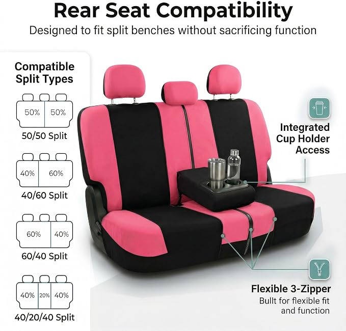 FH Group Universal Automotive Seat Covers 8 Seater Set | Light & Breezy Flat Cloth Washable Car Seat Cover for SUV, Sedan, Truck | Airbag Compatible Interior Upgrade - Pink/Black
