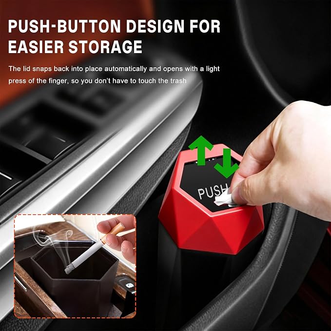 Car Trash Can with Lid, Waterproof Diamond Design Auto Cup Holder Trash Bin, Leakproof Mini Garbage Organizer for Vehicle Home Office Kitchen Bedroom, Car Accessories (Red)