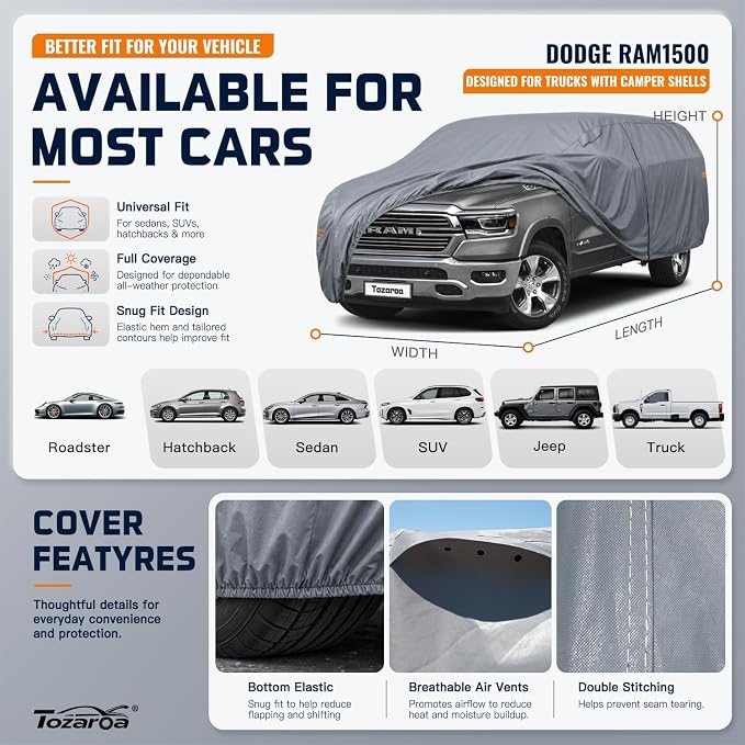 Truck Cover Waterproof All-Weather,Outdoor Full Exterior Pickup Covers for Truck Cover with Camper Shell Topper 229-246 inch,with Windshield Sun Shade,Size T5+ (See SizeChart)
