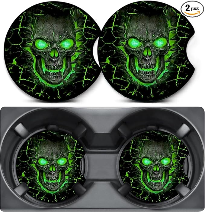2 Pack Green Skull Car Coasters for Cup Holders,Neoprene Anti Slip Mat | 2.75" Universal Size,Auto Rubber Drink Coasters Decor Car Accessories Interior Green Skull Gifts for Women Men