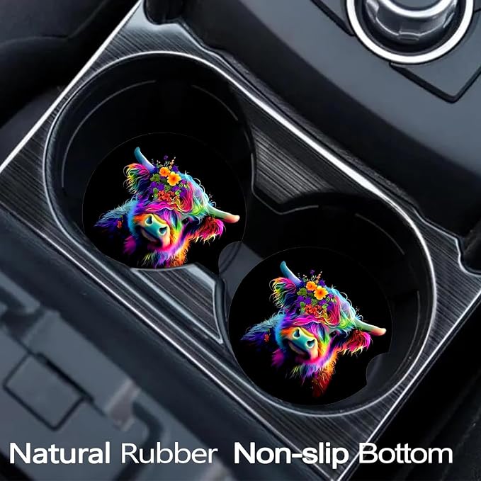 2 Pack Highland Cow Car Cup Holder Coasters Universal Neoprene Coasters | 2.75" Universal Size Anti Slip Rubber Mat,Auto Cup Holder Decal Decor Accessories for SUV Truck,Cow Gifts for Women Men Mom
