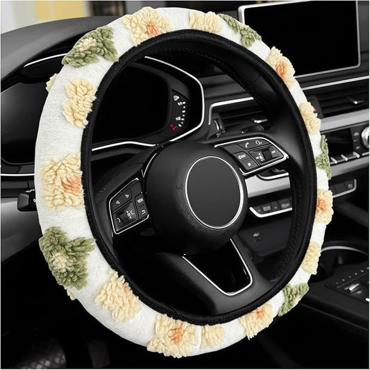 Plush Flowers Steering Wheel Cover, 15 inch Anti-Slip Breathable Steering Wheel Protector Cute Floral Decor, Elastic Soft Wheel Cover Universal Fit for Most Vehicles (Beige)