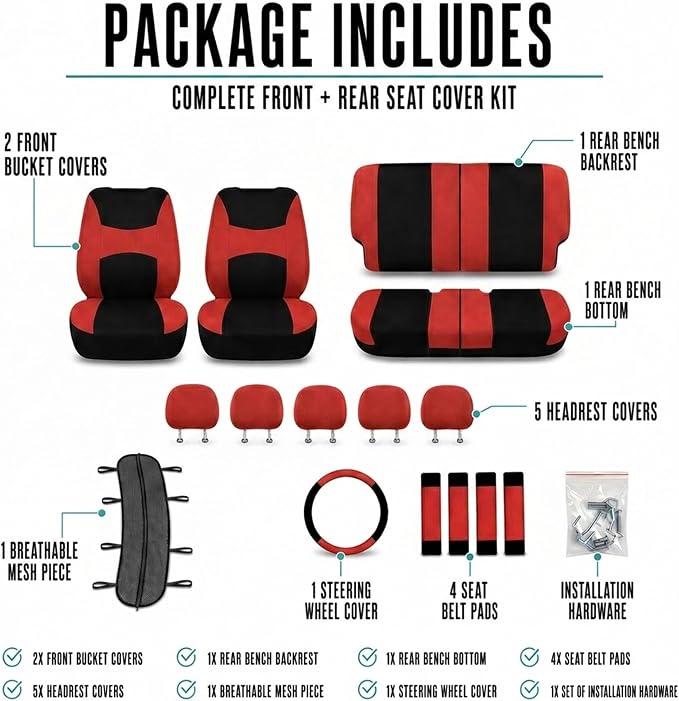FH Group Car Seat Covers Full Set Cloth, Universal Fit combo, Automotive Covers, Low Back Front Airbag Compatible,Split Bench Rear Seat,Washable Cover for SUV,Sedan,Van Red