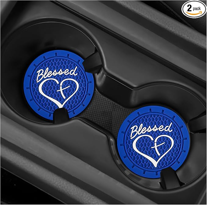 4 PCS Car Cup Holder Coaster, 2.76 Inch Soft PVC Non-Slip Blessed Cross and Heart Christian Car Cup Coasters, Auto Interior Shockproof Insert Drink Mat for Most Vehicles (Blue)