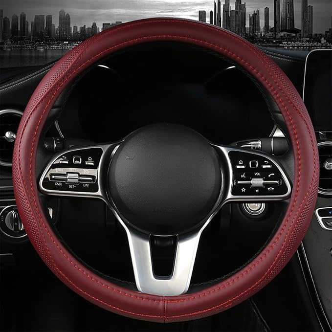 Genuine Leather Steering Wheel Cover, Real Cowhide for 14.5-16 Inch Steering Wheels, Universal Fit for Cars and Trucks (Red, 16inch)