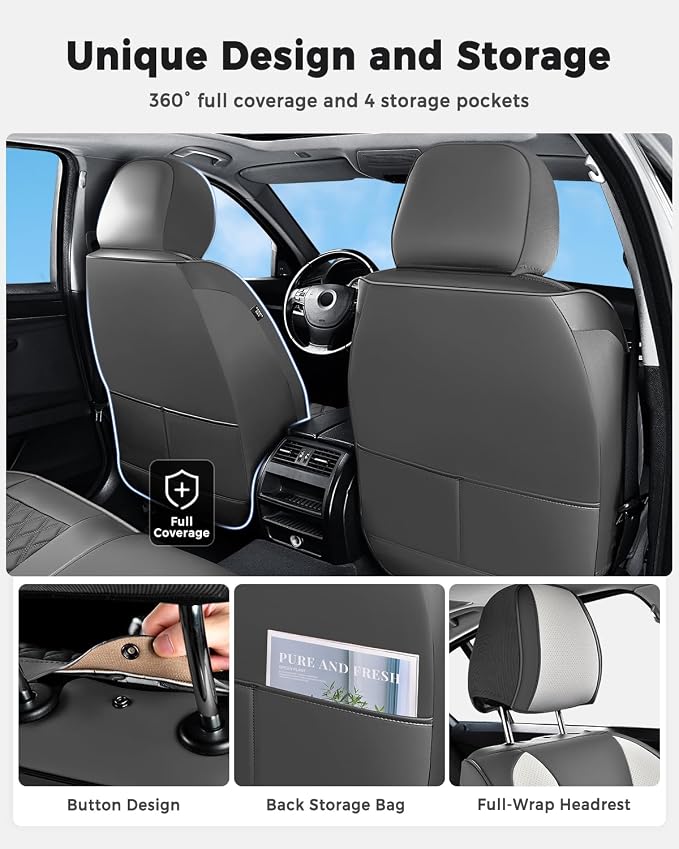Huidasource Universal Car Seat Covers, Waterproof Faux Leather, Airbag Compatible, Easy Install, Preserve Cup Holders and Seat Functions, Great for Daily & Outdoor Use, Gray & White