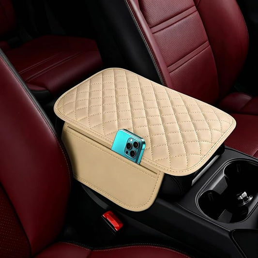 Upgraded Car Middle Center Console Cover,Microfiber Leather Car Armrest Cover Cushion with 2 Storage Bags,Universal Car Armrest Storage Box Car Interior Accessories for Most Vehicles (Beige)