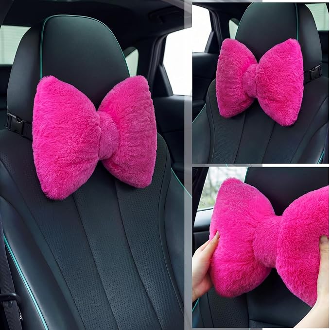 Macarrie 2 Pcs Rose Red Car Neck Pillow Imitation Rabbit Fur Bow Pillow | Soft Comfortable Seat Headrest Support, Cute Bow Car Accessories, Driving Travel Driver Chair Girl Interior Decor, Solid