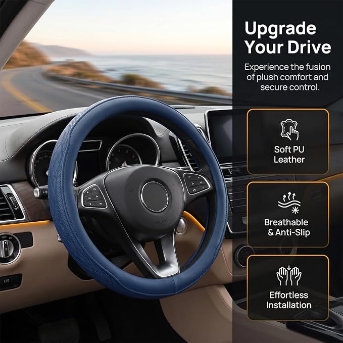 Zpana Car Steering Wheel Cover, 14.5-15" Breathable Soft Leather Vehicle Steering Wheel Protector with Anti-Slip Lining, Comfortable Auto Interior Decoration Accessories, Universal Fit (Dark Blue)