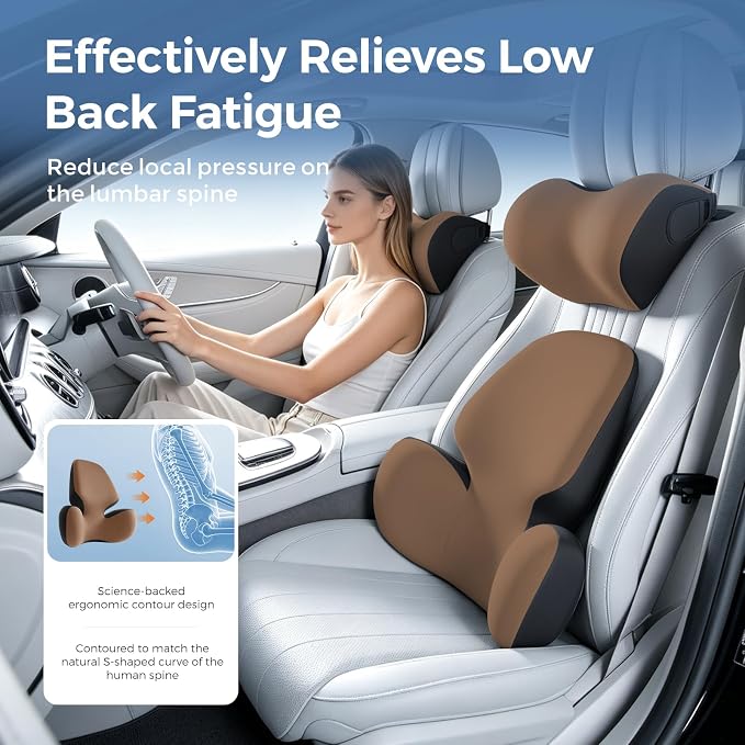 BEBAS Lumbar Support Pillow for Car, Memory Foam Back Cushion for Driving | Ergonomic Wing Wrapping, Back Pain Relief, Breathable Removable Cover, Softness, Universal Fit Car Seat, Office Chair