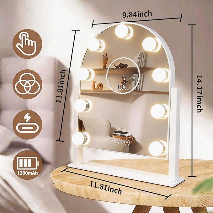 Arched Makeup Vanity Mirror with LED Lights Makeup Mirror Detachable 10X Magnification, Hollywood Make Up Mirror with Lighting, Smart Touch, Rechargeable,360° Rotation,White 14.17"x 11.81"