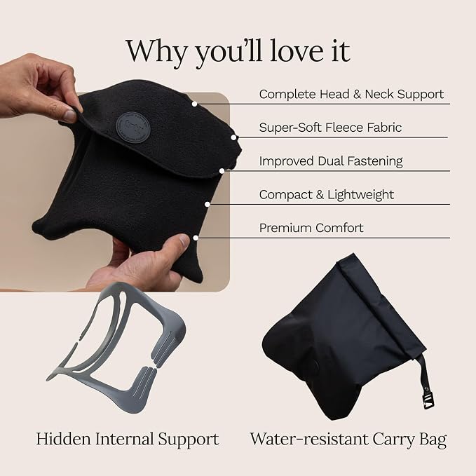 Trtl Travel Pillow Original 2.0 – Scientifically Proven Super Soft Travel Pillow with Premium Head & Neck Support – for Airplane Travel – Machine Washable – Lightweight & Compact – Jet Black – Small