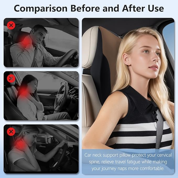 BABUR Car Headrest Pillow, Ergonomic Neck Support for Driving Seat 1 Pcs | Brown,100% Memory Foam,Universal Fit,Softness,Adjustable Strap,Breathable Removable Cover,Car Rest Pillow for Pain Relief
