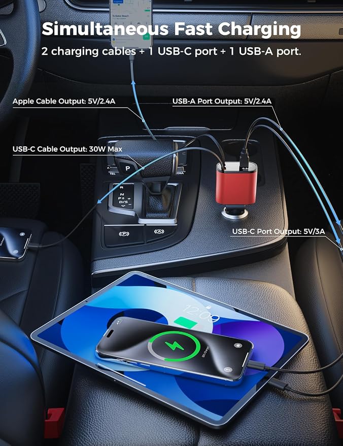 SUPERONE [Upgraded] Retractable Car Charger 4 in 1 Fast Car Phone Charger | USB C and Apple Multi Car Adapter with Cord 2.6ft, Compatible with iPhone 17 16 15/15 Pro Max/14/13/12/11, Galaxy, Pixel
