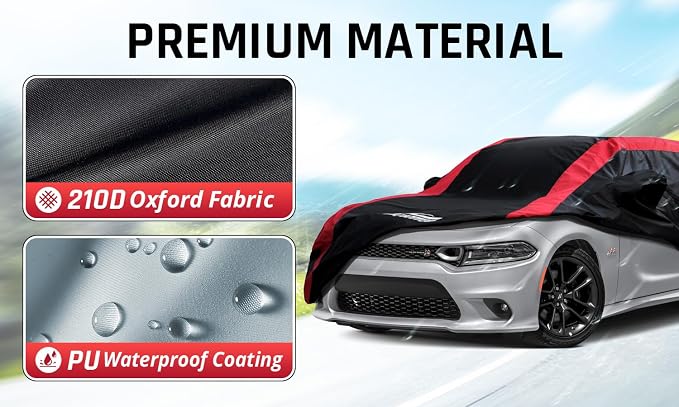 Dodge Charger Car Cover Waterproof All Weather with Red Strip Design, Custom Fit for Dodge Charger 2006–2023, Charger Accessory with Door Zipper & Windproof Straps