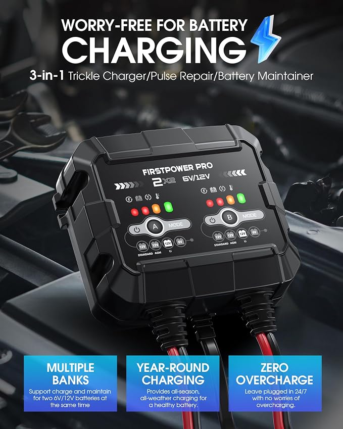 4A 2-Bank Smart Battery Charger (2A/Bank) - 6V/12V Automatic Trickle Charger, Battery Maintainer & Desulfator with Overcharge & Temperature Compensation – for Lead Acid, AGM, Gel, LiFePO4 Batteries