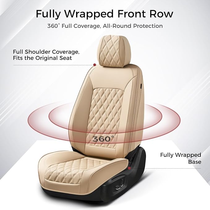Huidasource Beige Seat Covers, Nappa Leather Car Seat Covers, Velcro Adjustable, Compatible with Airbags, Armrests, Child Seat, Universal Fit for Most Cars, Vans, Trucks, SUVs (Full Set/Beige)