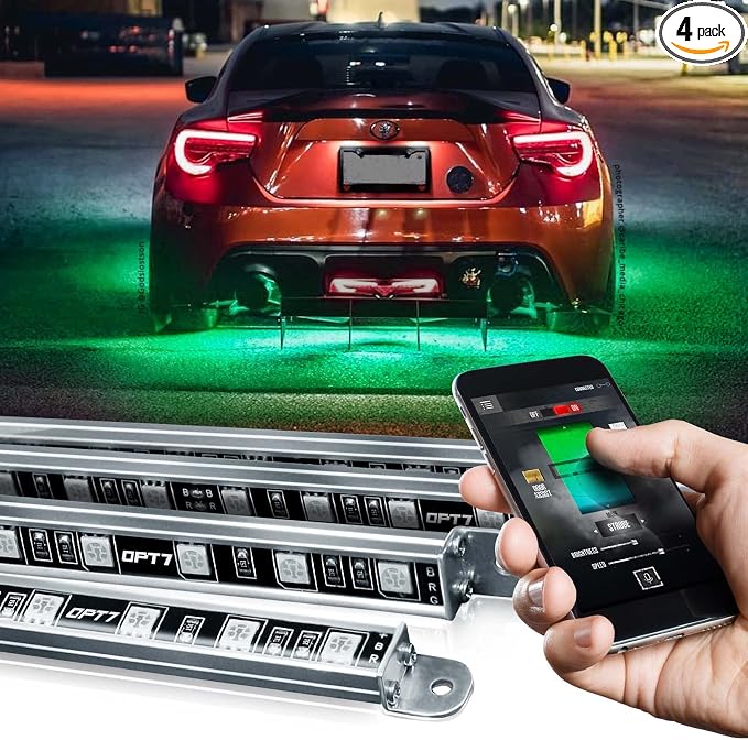 OPT7 Aura Pro Underglow LED Lights with APP & Remote Control, RGB Multicolor Mode, Music Sync, 4 PCS Waterproof Rigid Aluminum Light Bar, Exterior Underbody Lighting Kit Universal Fit for Car Truck RV