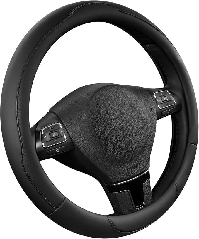 Road Comforts Steering Wheel Cover, Breathable Anti-Slip Leather Steering Wheel Cover, Universal Fit 14.5–15 Inch, Comfortable Grip - Black Color