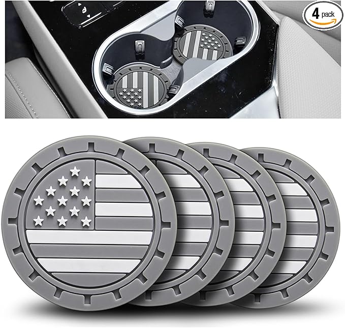 Car Cup Holder Coasters 4 Pack - American Flag 2.75 Inch Anti Slip Shockproof Drink Mat - Vehicle Interior Decor Accessories Grey