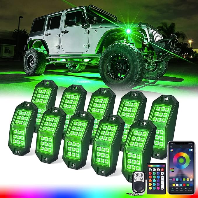 Xprite Jeep Rock Lights 10 Pods Wide Angle Bluetooth LED Rocklights Kit, Multicolor Neon Lighting Footwell Underglow Kits w/Wireless Remote, Compatible Off-Road Trucks Cars UTV ATV SUV RZR