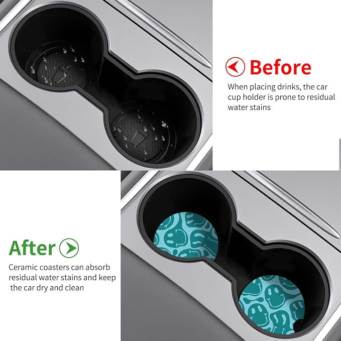 Car Coasters,Purple Smily Absorbent 2 Pack for Cup Holders with Finger Notch,2.56 inches Ceramics Heat Resistant Anti Slip Cork Base Car Drinks Coasters Auto Cup Holder(Blue-Green Smiley face)