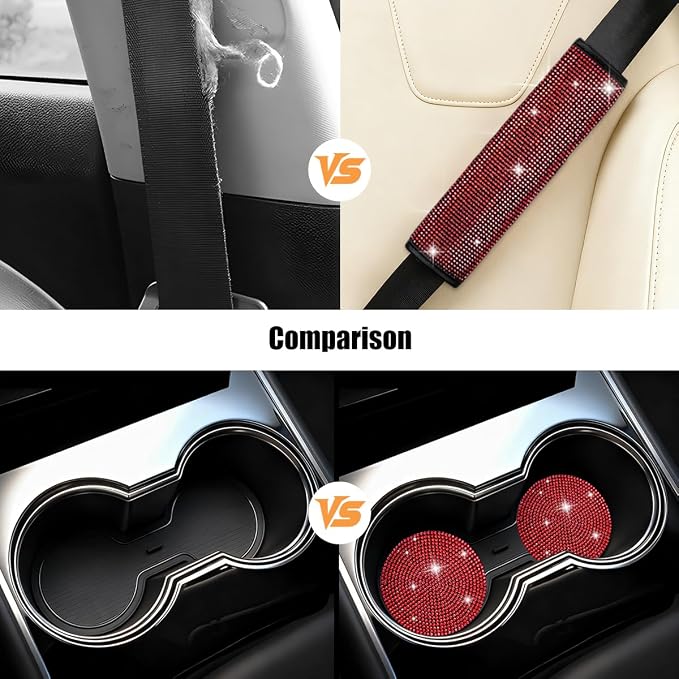 11PCS/Set Bling Car Accessories Set for Women, Rhinestone Vehicle Steering Wheel Cover Seat Belt Cushion Gear Shift Protector Cup Holder Coaster, Universal Automotive Accessories (Red)
